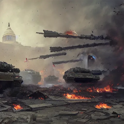 Image similar to Tank battle in the White house, amid destruction and fire by Greg Rutkowski