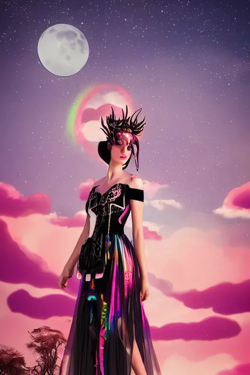 Image similar to Ethereal safari landscape with a pink rainbow sky under a goddess moonstone, black leather and embroidered Lolita dress in velvet, rich color, ramatic cinematic lighting, featured on Artstation, extremely detailed by Lisa Frank