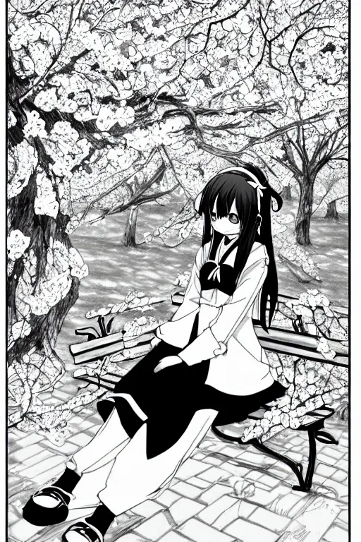 Image similar to black and white manga page, highly detailed pen, sharp high quality anime, shoujo romance, girl with long dark hair in sailor uniform, sitting on bench, cherry blossom tree in background with petals floating, drawn by Atsushi Ohkubo