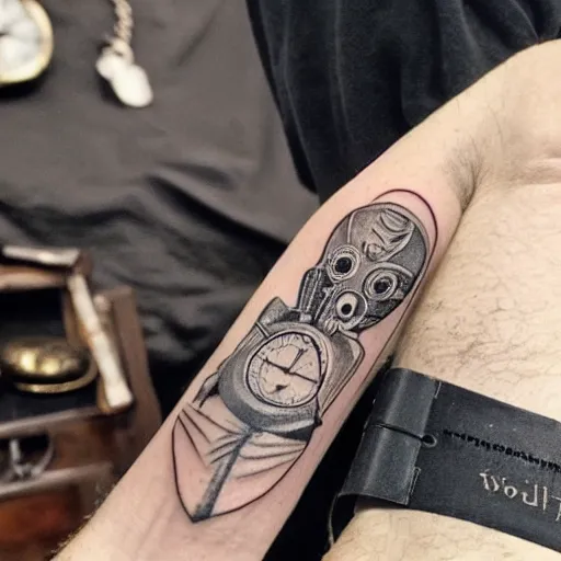 Image similar to photograph of a tatoo showing an etching of a plague doctor side shot looking at a very old pocket watch in the palm of his hand