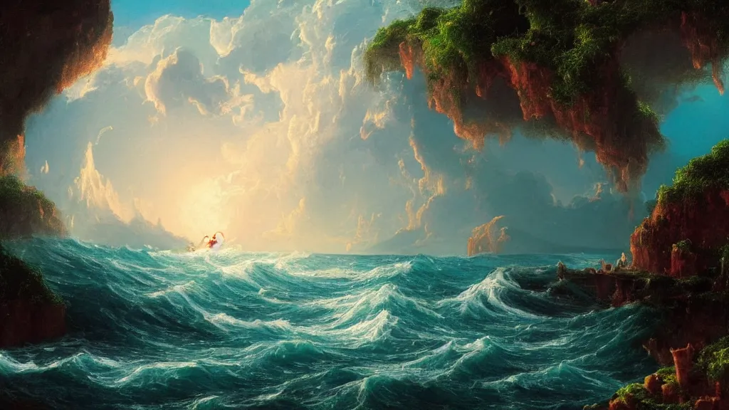 Image similar to very detailed and perfectly readable fine and soft relevant out of lines soft edges painting by beautiful walt disney animation films of the late 1 9 9 0 s and thomas cole in hd, we see an ocean world, nice lighting, perfect readability
