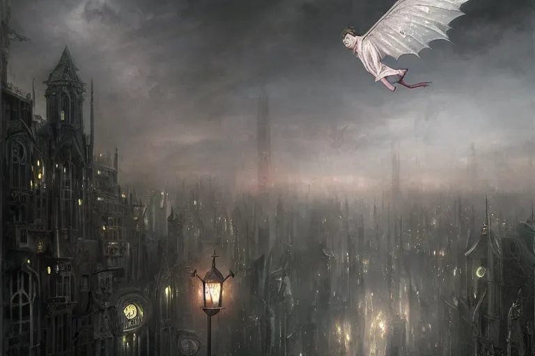 Prompt: Beautiful Pale Vampire Flying over a dimly lit metropolis in the dead of night, fantasy, professional illustration by Seb McKinnon, ArtGerm, WLOP, scenic, cinematic lighting, detailed