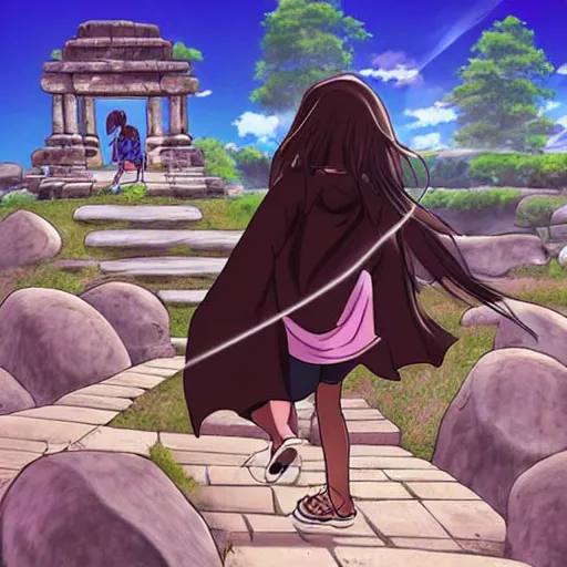 Image similar to “Indians jones as an anime girl running away from a rolling giant stone boulder trap inside an ancient stone temple, stunning digital art”