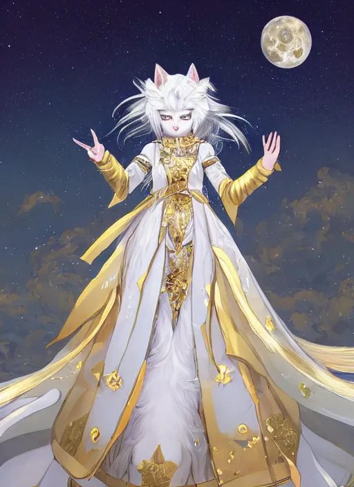 Prompt: commissioned full body portrait of a female anthro wolf princess fursona with white hair wearing a white and gold Japanese armored dress in a white and gold palace on a starry night with a large crescent moon, by a professional manga illustrator, Stanley Artgerm Lau, WLOP, Rossdraws, James Jean, Andrei Riabovitchev, Marc Simonetti, and Sakimichan, trending on artstation