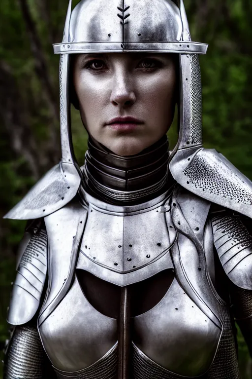 Image similar to portrait of female knight in the wild nature, dressed, symmetry, cinematic, elegant, sci - fi, dark fantasy light, perfect composition, dlsr photography, sharp focus, 4 k, ultra hd, sense of awe, by wayne barlowe