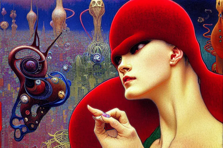 Prompt: realistic detailed closeup portrait painting of a single snail wearing crimson velvet blazer in a crowded futuristic moscow street by Jean Delville, Amano, Yves Tanguy, Alphonse Mucha, Ernst Haeckel, Ilya Repin, Edward Robert Hughes, Andrei Tarkovsky, Roger Dean, rich moody colours, blue eyes