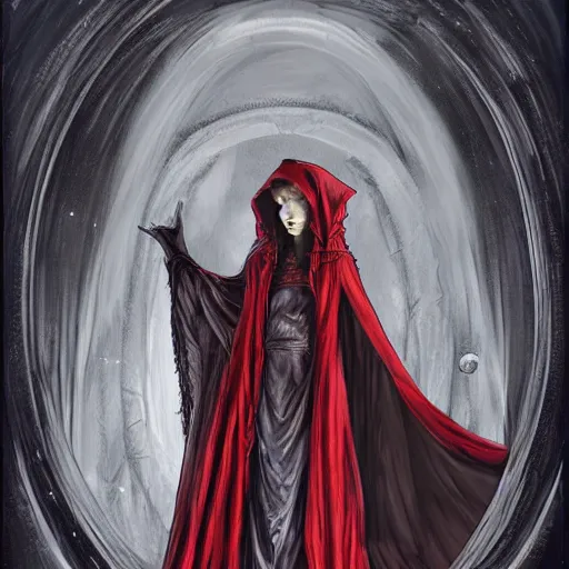 Image similar to tall thin gray - skinned brooding space elf priestess in ornate hooded long red cloak, on space station, highly detailed, mike mignogna, comic book, science fiction, dark tones, dark, rough paper, oil painting