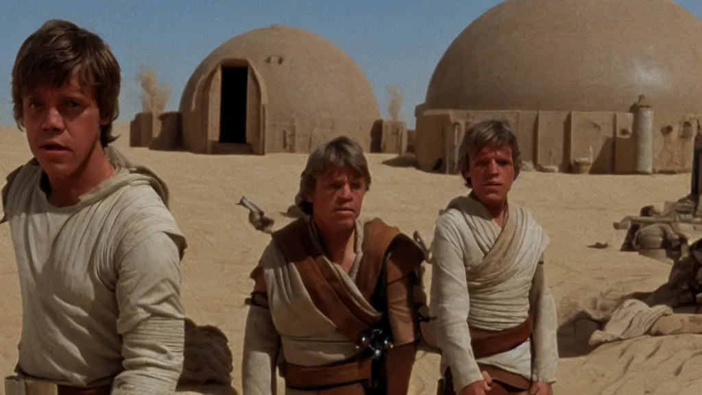 Image similar to film still tatooine A new hope Luke skywalker looks at suns moisture farm dome house