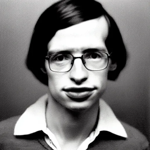 Prompt: Mugshot Portrait of Young Stephen Hawking, taken in the 1970s, photo taken on a 1970s polaroid camera, grainy, real life, hyperrealistic, ultra realistic, realistic, highly detailed, epic, HD quality, 8k resolution, body and headshot, film still, front facing, front view, headshot and bodyshot, detailed face, very detailed face