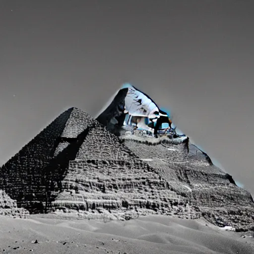 Image similar to Never before seen photo of the great pyramids of Giza on the moon, 1956 photo, black and white