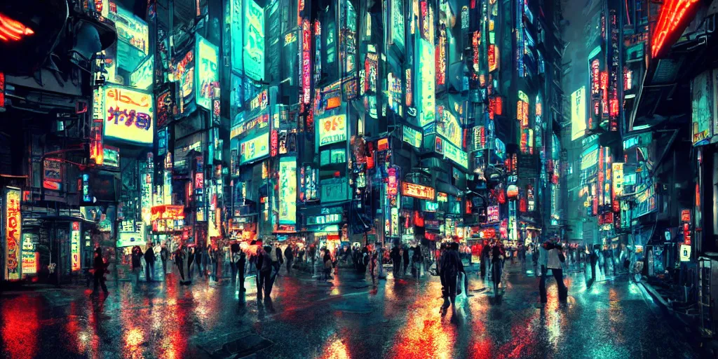 Image similar to Intricate cyborgs on a cyberpunk Tokyo street with neon signs in Japanese. 80-s sci-fi, 8K, Highly Detailed, ArtStation. C 11.0