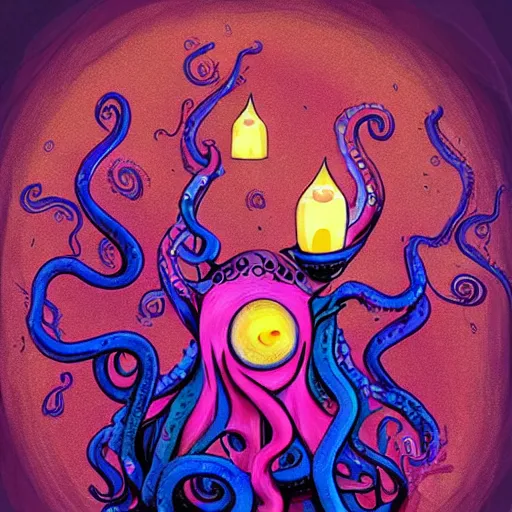 Image similar to Cthlulu!!!!!!!!!!!!!!! Is an influencer on instagram trying to sell his MLM candles, pyramid scheme, Squid-face lovecraftian eldritch profile pic, oil painting, tentacles, glow galaxy background,