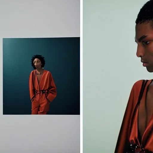 Prompt: realistic photoshooting for a new balenciaga lookbook, color film photography, portrait of a beautiful woman, in style of Tyler Mitchell, 35mm,