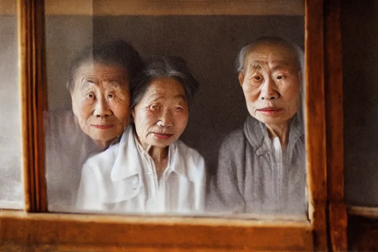 Prompt: a cinematic painting of a beautiful old chinese couple either side of a steamed up glass window, beautiful lighting, high depth, ultra realistic, artistic, by annie leibovitz