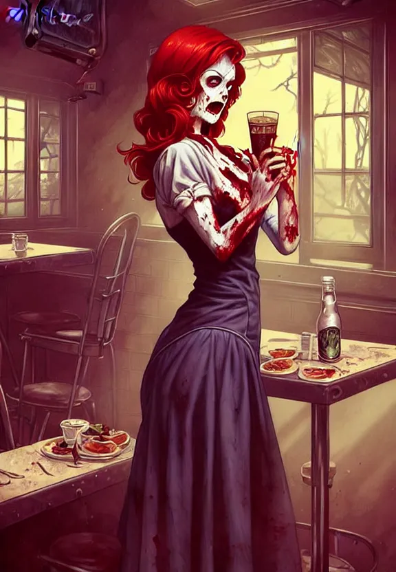 Image similar to Zombie waitress of a small 50’s style diner serving cold drinks, fantasy magic, zombie, dark pin-up style hair, dark light night, intricate, elegant, sharp focus, illustration, highly detailed, digital painting, concept art, matte, art by WLOP and Artgerm and Greg Rutkowski and Alphonse Mucha, masterpiece