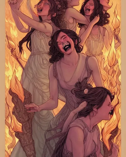 Prompt: fantasy comic cover art of a ( ( group of faeries ) ) laughing and dancing around a bonfire, illustration by jenny frison and sana takeda, intricate details, stunning inking lines, stunning gradient colors, 4 k, hd, artstation, award winning