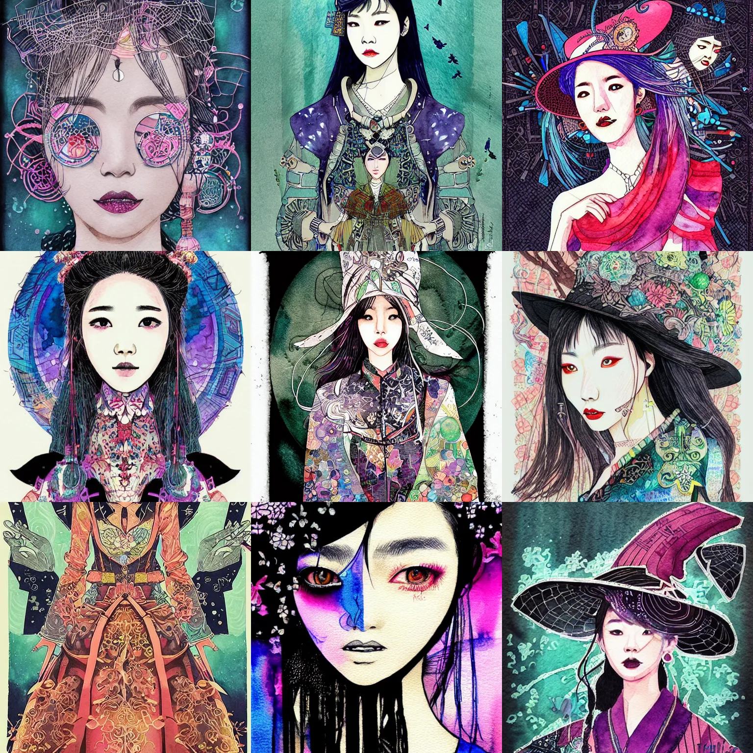 Prompt: korean women's fashion machine witch, intricate watercolor solarpunk portrait by tim doyle