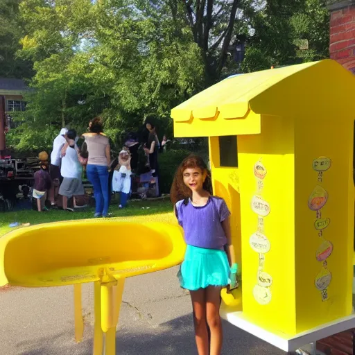 Image similar to a yellow human sized duck standing next to a children's lemonade stand