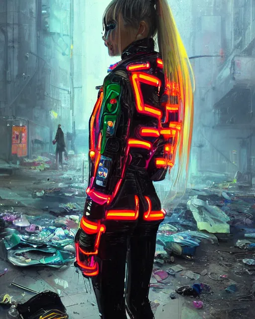 Prompt: detailed portrait Neon guard girl with long straight blonde hair seen from the back, cyberpunk futuristic, reflective puffer jacket, black leggings, decorated with traditional ornaments in front of a dystopian crowd with piles of garbage by Ismail inceoglu dragan bibin hans thoma, Perfect face, fine details, realistic shaded, fine-face, pretty face