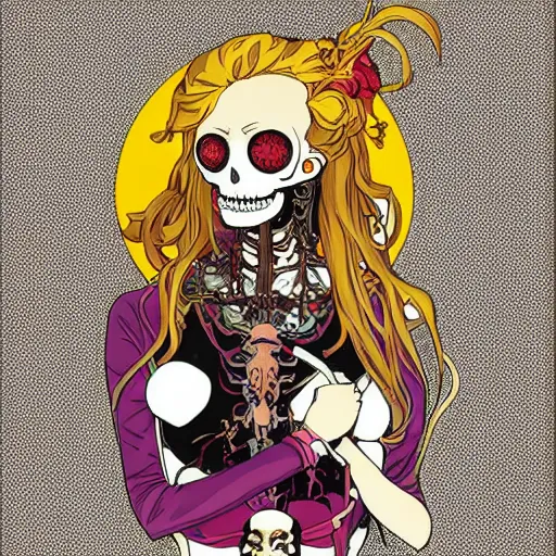Image similar to anime manga skull portrait girl female skeleton illustration sunset outrun art Geof Darrow and Ashley wood and Ilya repin and alphonse mucha pop art nouveau