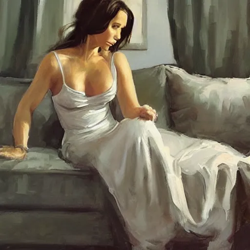 Prompt: portrait of jennifer love hewitt reclining on a couch greg manchess painting elegant, matte painting, illustration, hearthstone, trending on instagram