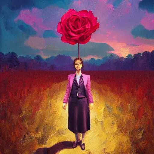 Prompt: giant rose flower head, frontal, girl in a suit, surreal photography, sunrise, dramatic light, impressionist painting, digital painting, artstation, simon stalenhag