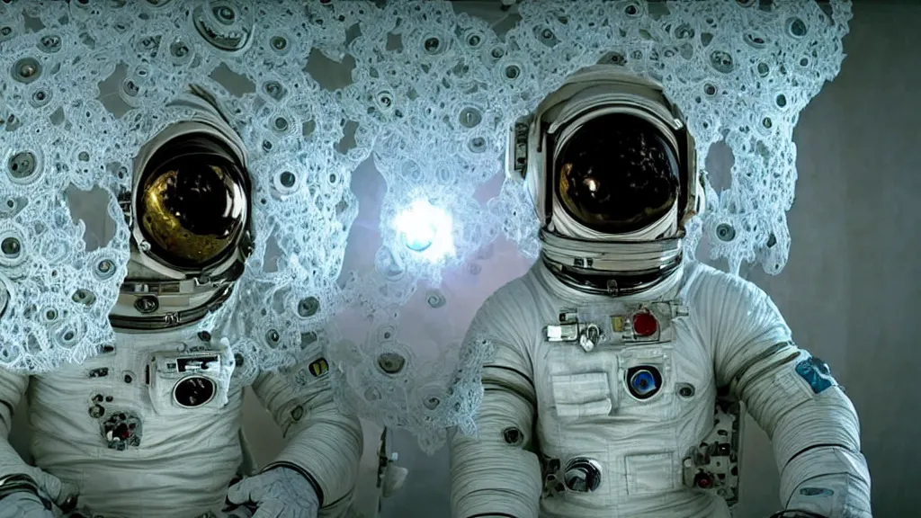 Image similar to a astronaut eva suit covered in diamond 3d fractal lace iridescent bubble 3d skin and covered with insectoid compound eye camera lenses floats through the living room, film still from the movie directed by Denis Villeneuve with art direction by Salvador Dalí, wide lens,