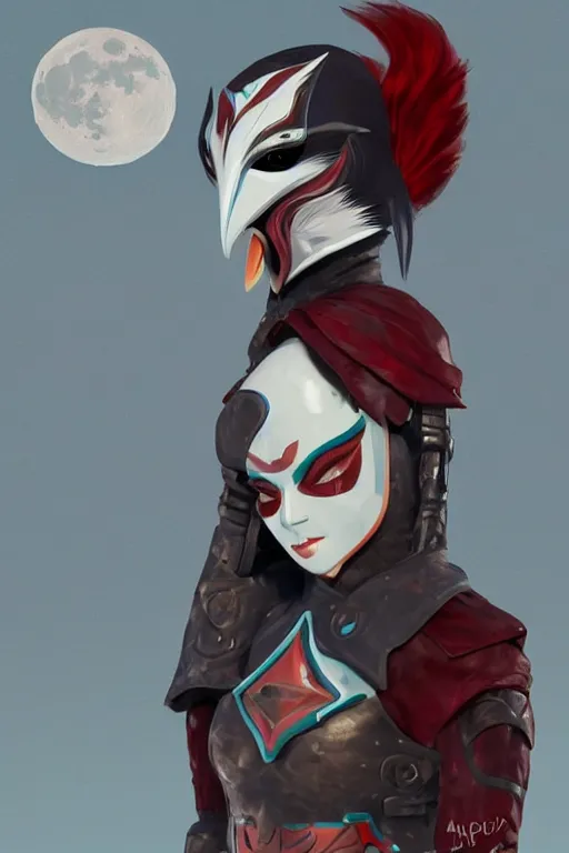 Image similar to female adventurer in tight full - body teal leather armor of japanese design with red accents and a white porcelain crow mask, trending in artstation, japanese, artstation, big moon in the background, establishing shot