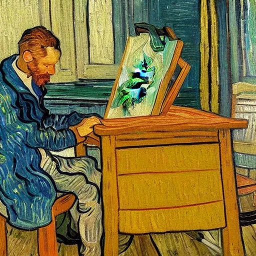 Prompt: a painting of van gogh painting himself while he paints himself painting