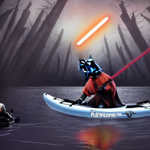 Image similar to darth vader fighting pennywise the clown on a kayak in the middle of a creepy lake, ultra high def, hyper realistic, photo