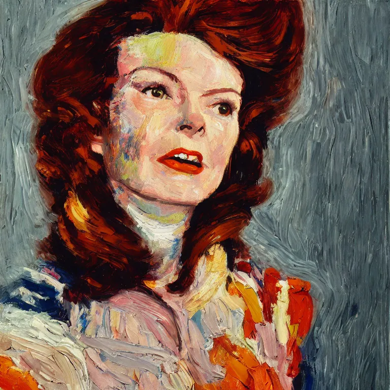 Prompt: close up studio portrait of Katherine Hepburn, age 30, gorgeous face, wearing a punk outfit in 1987, impasto heavy brushstrokes oil painting by Paula Modersohn Becker and Tim Hawkinson and Cy Twombly, Intense colors trending on artstation dramatic lighting Expressionism