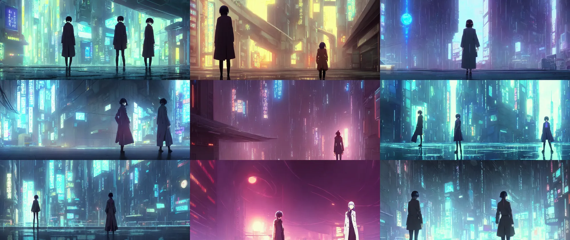 Prompt: a high definition screenshot from the haunting and strange science fiction ( ( ( cyberpunk ) ) ) anime anime anime film ; a lone lone single female detective wearing a trenchcoat investigates a strange and ethereal dreamscape, digital painting by ( ( makoto shinkai ) ), moebius moebius, surrealism, trending on artstation