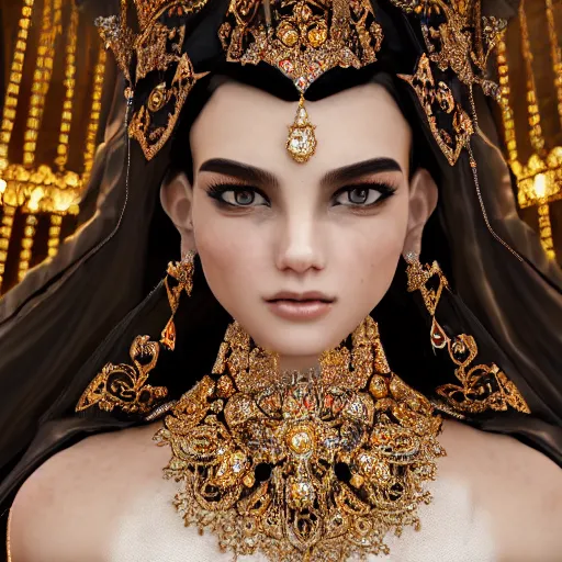 Image similar to portrait of pretty princess with perfect skin, glowing, ornate and intricate diamond jewelry, jaw dropping beauty, ornate and intricate backdrop, white accent lighting, hyper detailed, 4 k octane render