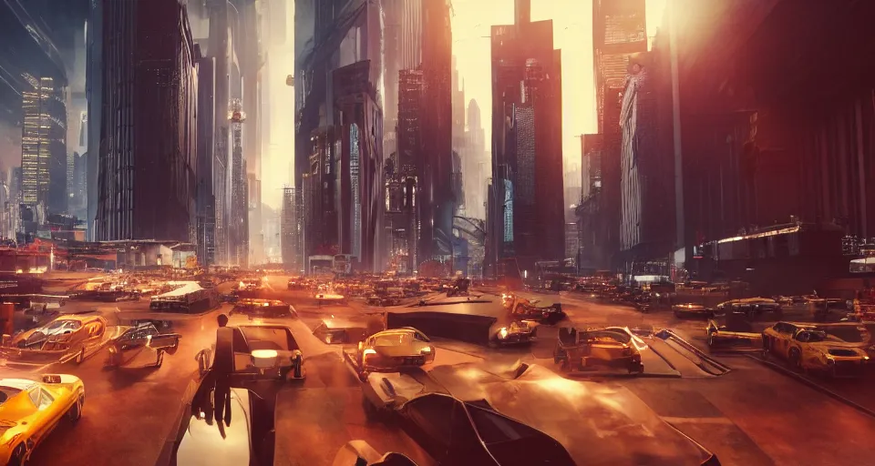 Image similar to An epic, distopian cityscape with many cars in the style of bladerunner with a blond man in a suit in the center and another man in a Trenchcoat talking to hin in secret, unreal 5, DAZ, hyperrealistic, octane render, volumetric clouds, dynamic lighting