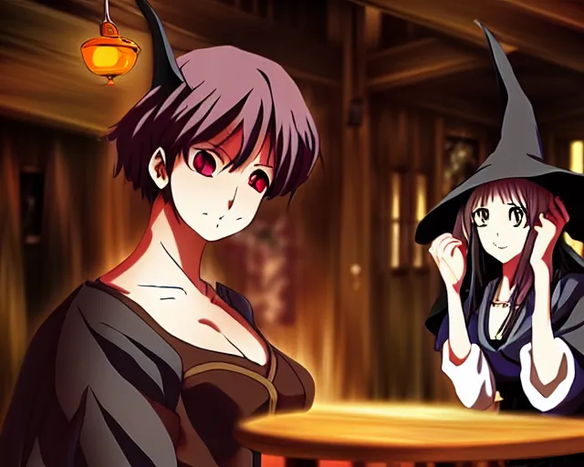 Image similar to key anime visual portrait of a young female witch in a tavern interior defending a companion, dynamic pose, dynamic perspective, cinematic, dramatic lighting.