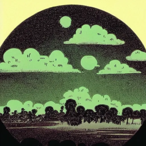 Image similar to plantation, bayou, heavy ink, moon in sky encircled by clouds, cool color palette, green!!!!, mike mignola