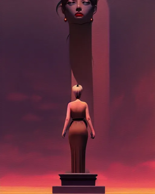 Image similar to a painting of a woman standing in front of a statue, a screenshot by stanley twardowicz, cgsociety, aestheticism, aesthetic, vaporwave, anime aesthetic