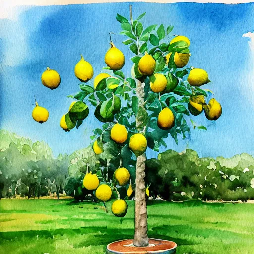 Image similar to A tall lemon tree, trending on artstation, watercolor painting