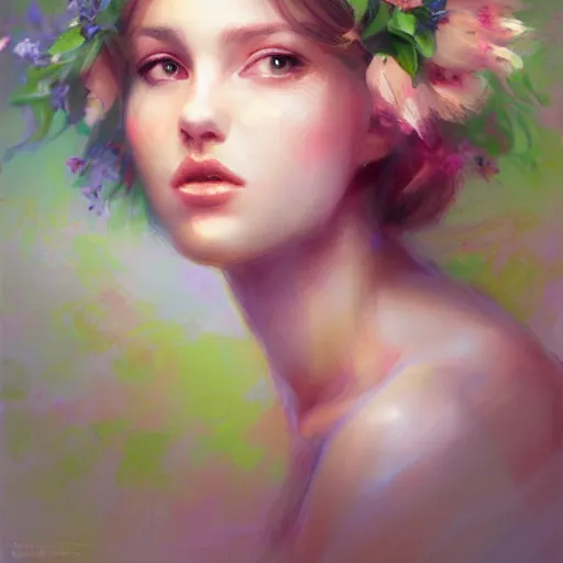 Prompt: beautiful woman, flowers, pastel colors, pearlescent, fantasy, featured on artstation, in the style of daniel gerhartz and krenz cushart, Alexis Franklin, Thomas River, WLOP, Artgerm