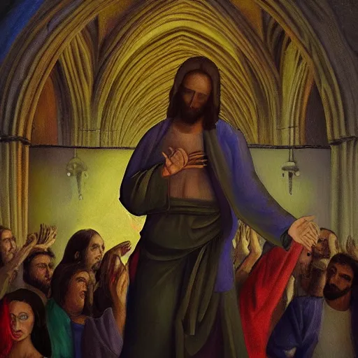 Image similar to “Jesus Christ Dabbing at a rave in Durham cathedral” oil painting, artstation, instagram, beautiful