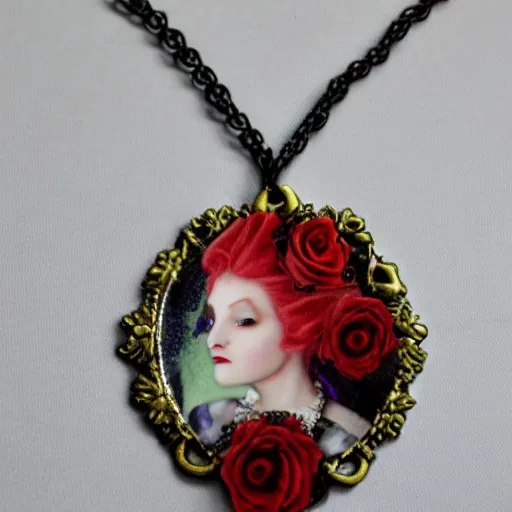 Image similar to vampire queen on throne with burgundy roses and holes with gemstones as an artnouveau necklace