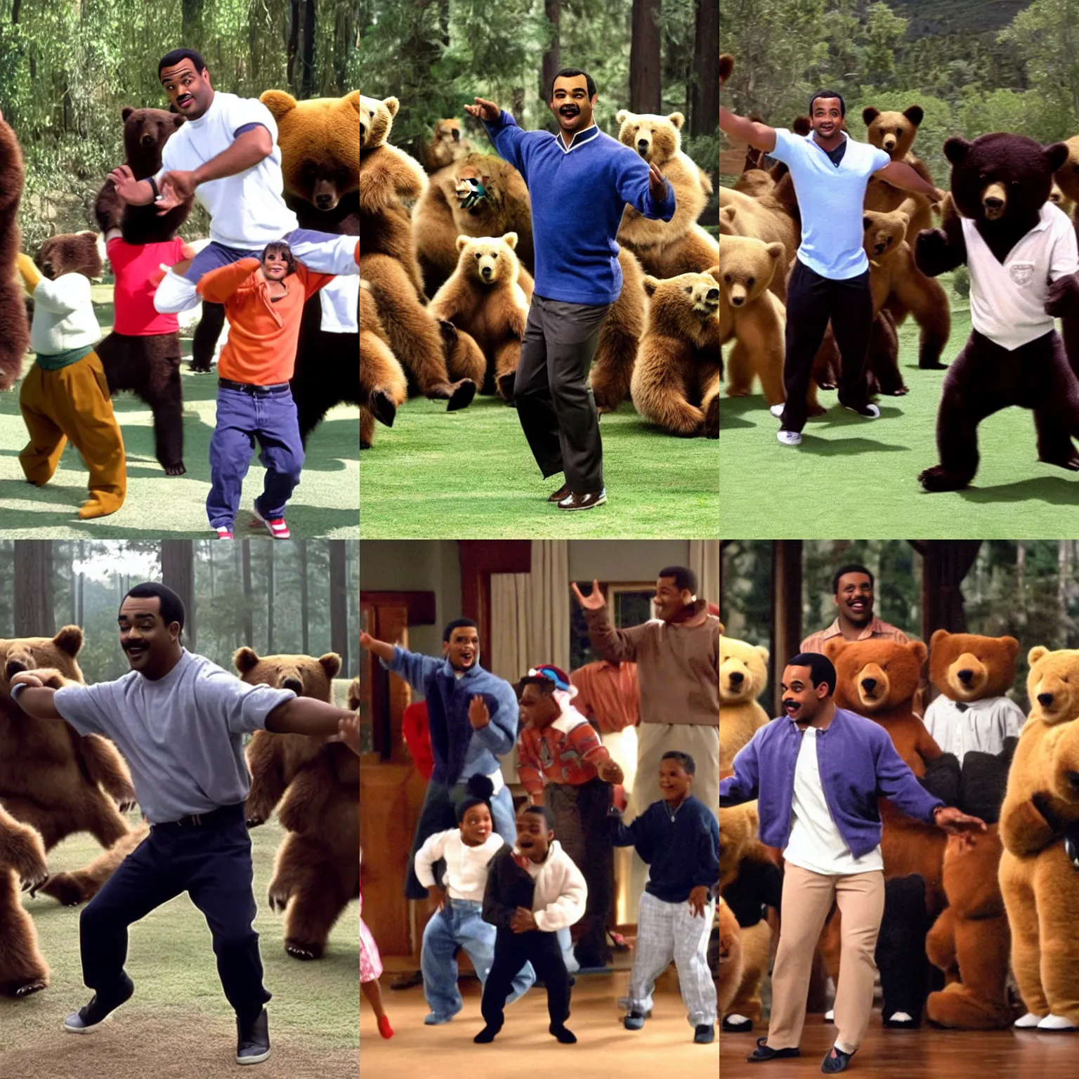 Prompt: Carlton Banks doing his dance in front of a group of bears, high quality