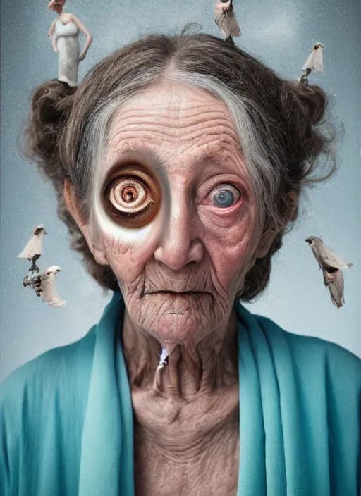 Image similar to an old woman with a weird look on her face, a surrealist painting by Martin Schoeller, shutterstock contest winner, pop surrealism, angelic photograph, stock photo, photoillustration