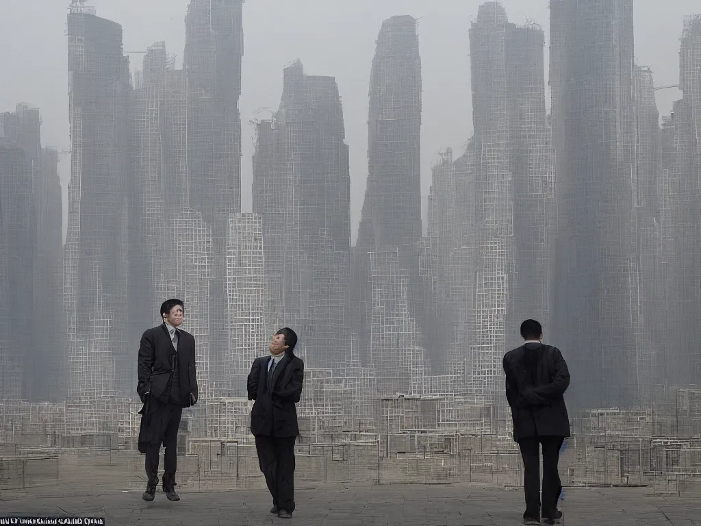 Prompt: ‘The Center of the World’ (Paul McCarthy sculpture) was filmed in Beijing in April 2013 depicting a white collar office worker. A man in his early thirties – the first single-child-generation in China. Representing a new image of an idealized urban successful booming China.