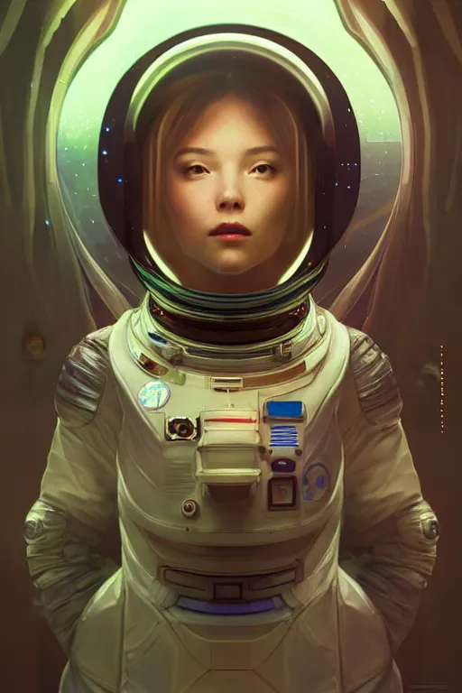 Prompt: portrait armored astronaut girl, floating inside spaceship command room viewing galaxy, ssci-fi mirror neon reflect light and fantasy, intricate and very very beautiful and elegant, highly detailed, digital painting, artstation, concept art, smooth and sharp focus, illustration, art by tian zi and WLOP and alphonse mucha