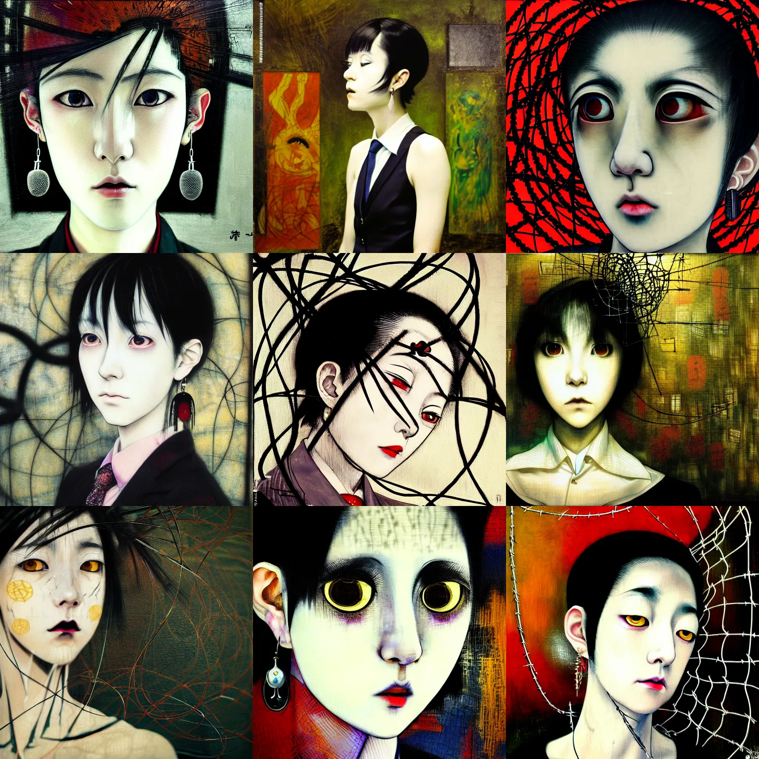 Prompt: yoshitaka amano blurred and dreamy realistic three quarter angle portrait of a sinister young woman with short hair, big earrings, barbed wire and black eyes wearing office suit with tie, junji ito abstract patterns in the background, satoshi kon anime, noisy film grain effect, highly detailed, renaissance oil painting, weird portrait angle, blurred lost edges