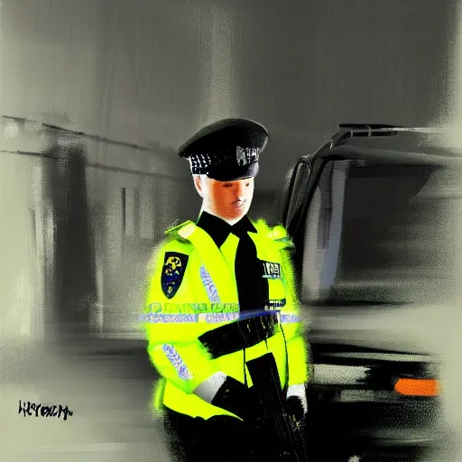 Prompt: A British police officer wearing hivis at night, highly detailed, ambient lighting, trending on art station