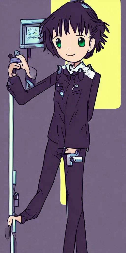 Image similar to Android wearing a school uniform, smoking a cigarette while standing on street corner lit by a neon sign”, full body shot, Digital art, detailed, anime