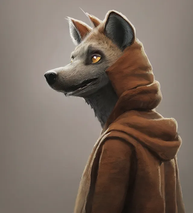 Image similar to a beautiful portrait of a handsome male anthropomorph brown hyena furry fursona wearing a hoodie. character design by cory loftis, fenghua zhong, ryohei hase, ismail inceoglu and ruan jia. artstation, volumetric light, detailed, photorealistic, rendered in octane