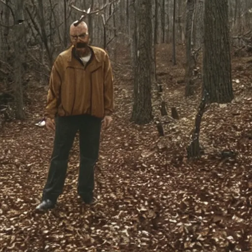 Prompt: A still of Walter White in The Blair Witch Project (1980)